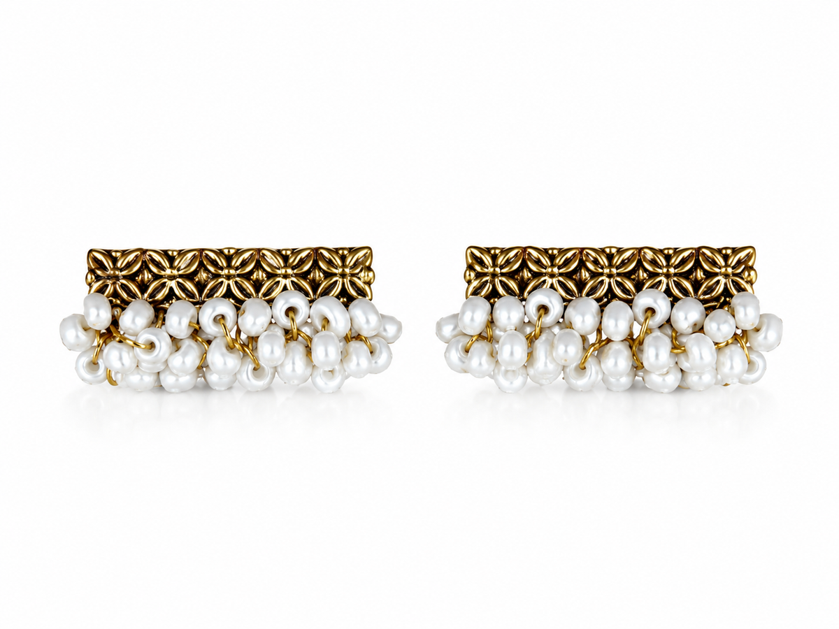 Piroyi Pearl Earrings – hand-woven white pearl bunches with 24K golden finish brass stamp studs