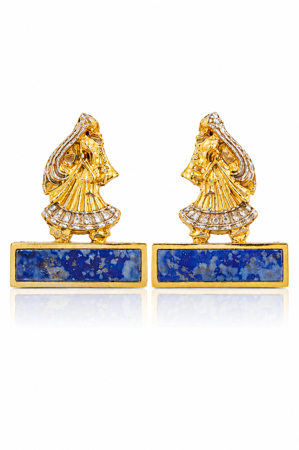 Modern Maharani Earrings – gold finish and rhodium plated brass earrings with Lapis Lazuli gemstone bar