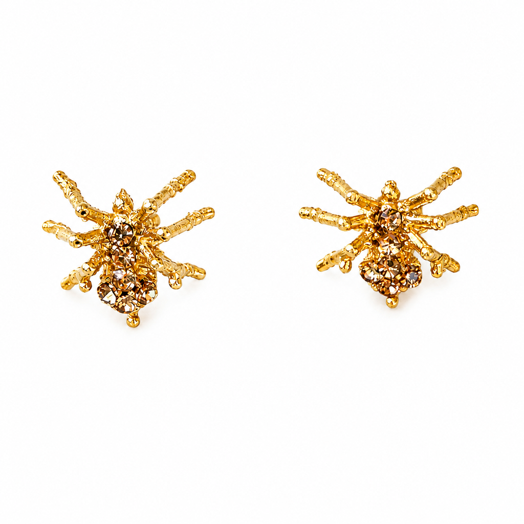 Spider Earrings – gold plated brass spider studs with zircon and Lapis Lazuli gemstone