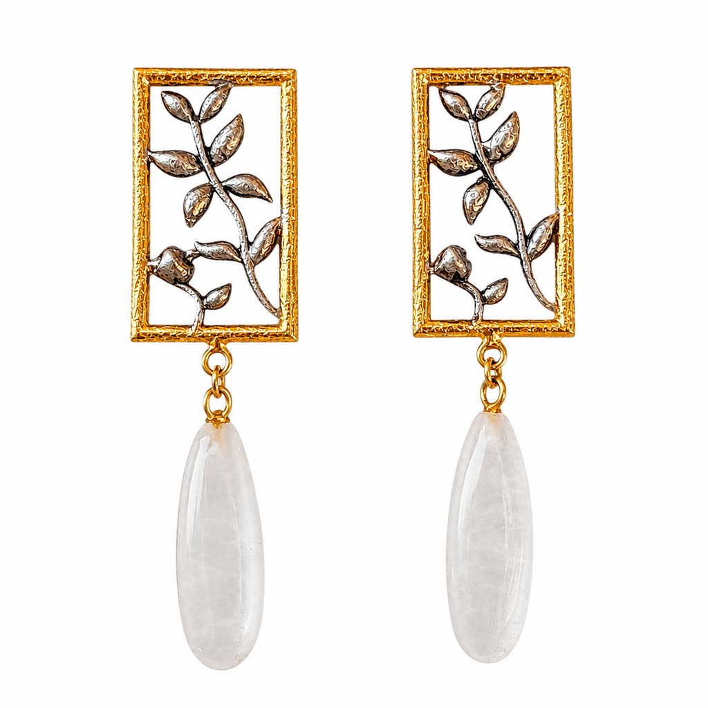 Bel Earrings – gold finish brass earrings with botanical vine motif and calcite drop stone