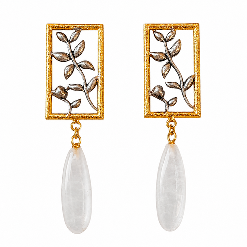 Bel Earrings – gold finish brass earrings with botanical vine motif and calcite drop stone