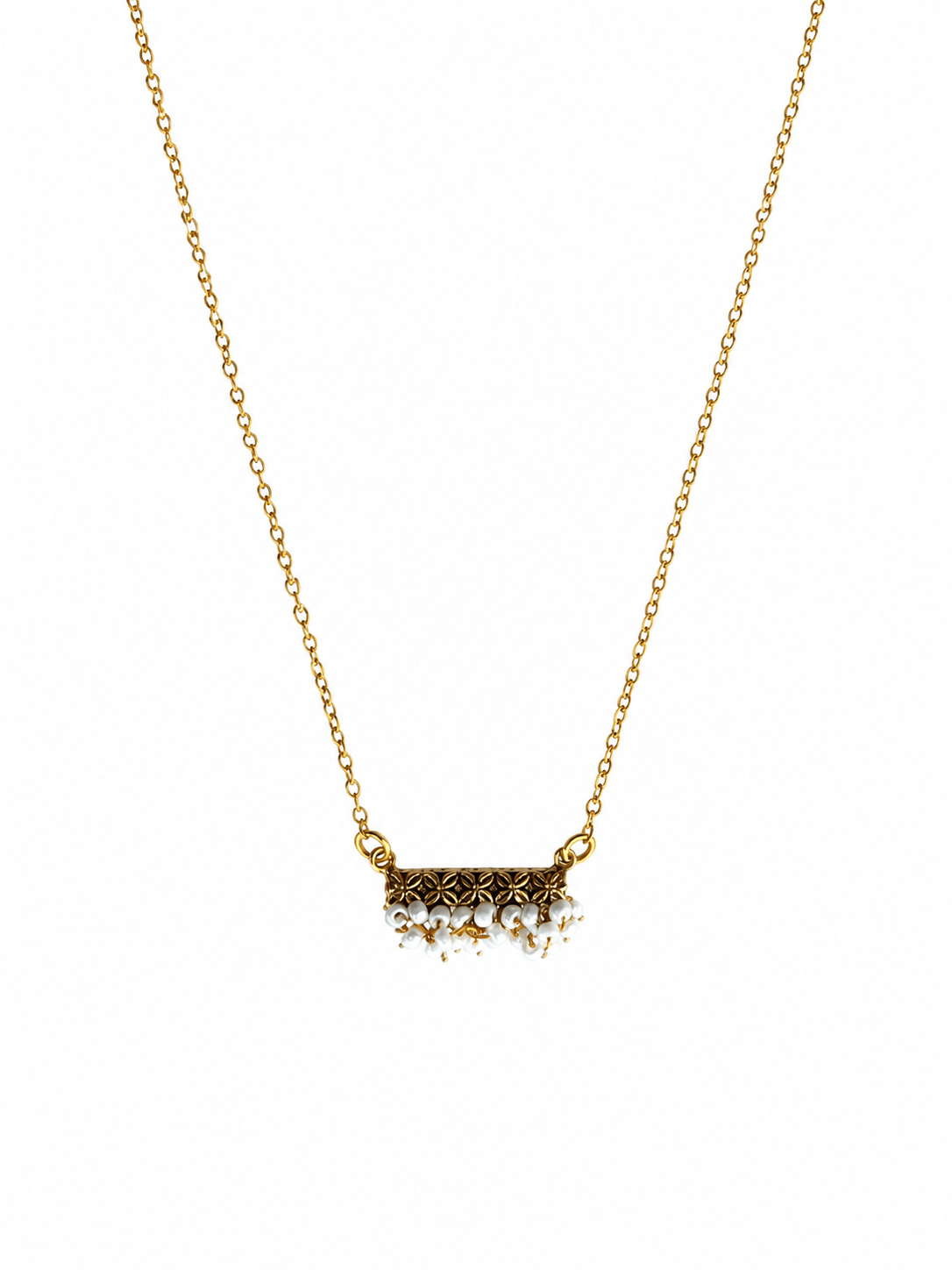 Piroyi Pearl Necklace featuring a delicate gold-tone chain, floral bar pendant and white pearl clusters on a white background.