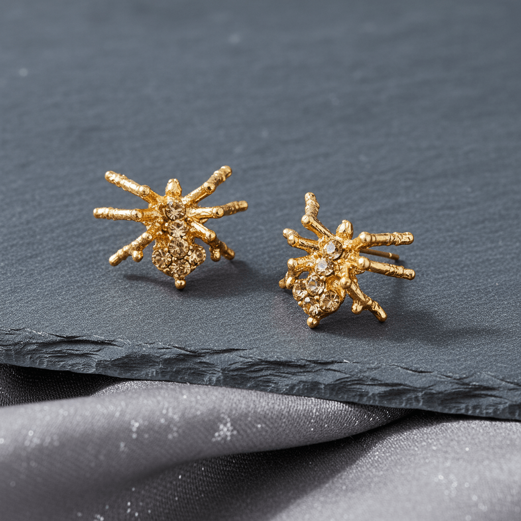 Spider Studs gold-tone spider-shaped earrings with sparkling stone details, displayed at an angle on dark slate.