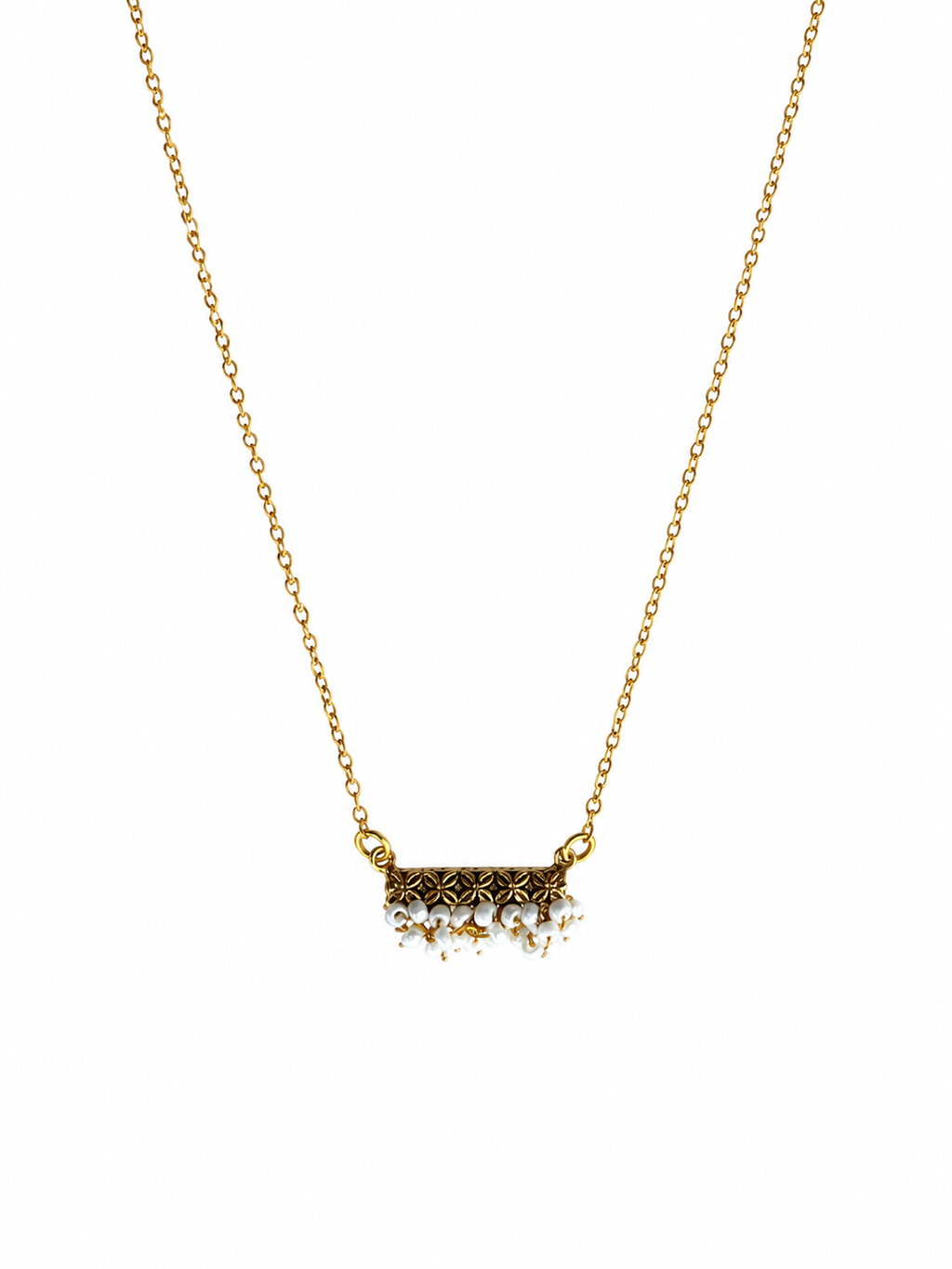 Piroyi Pearl Necklace – hand-woven white pearl bunches with 24K golden finish brass pendant on delicate chain