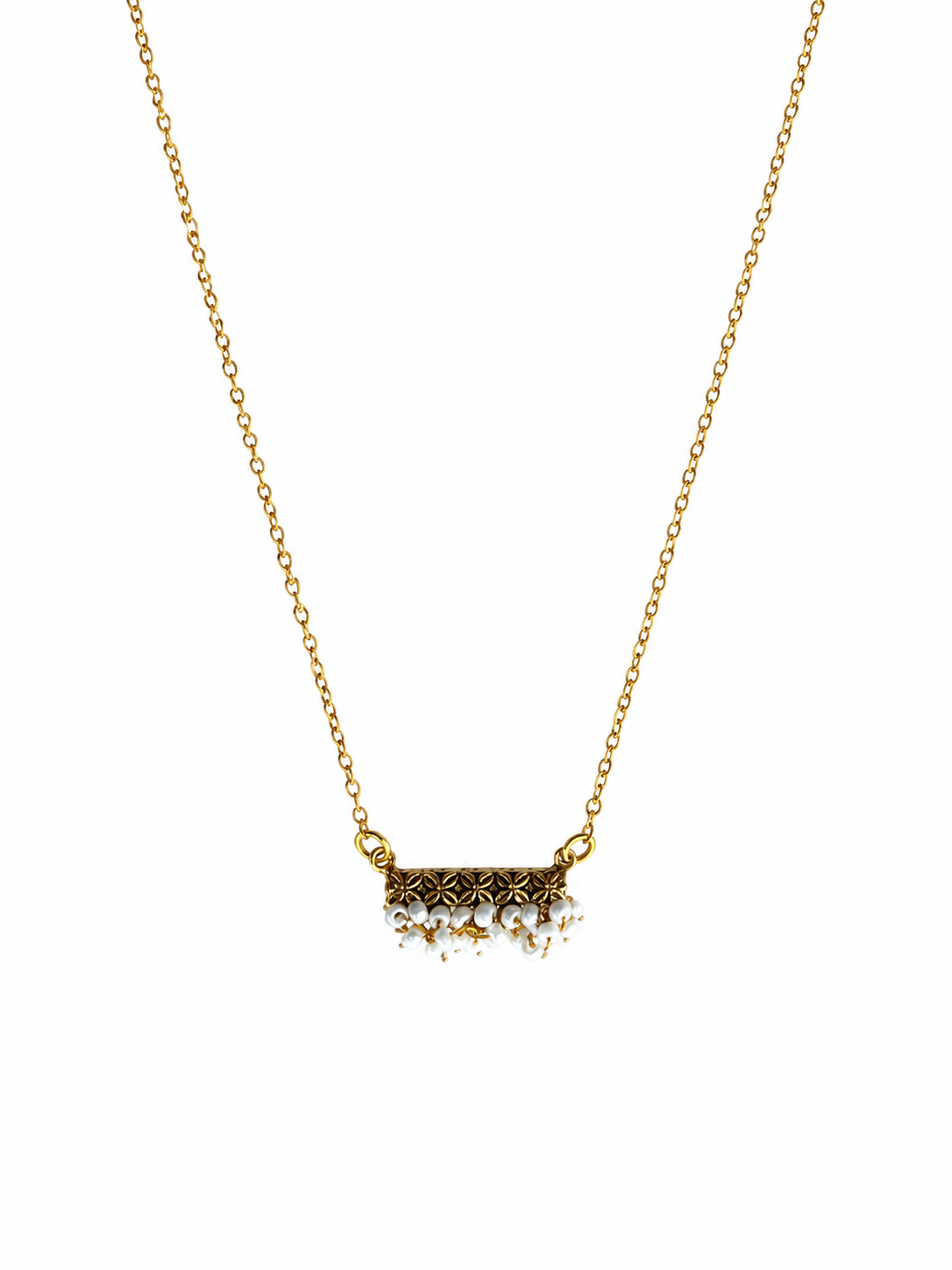 Piroyi Pearl Necklace – hand-woven white pearl bunches with 24K golden finish brass pendant on delicate chain