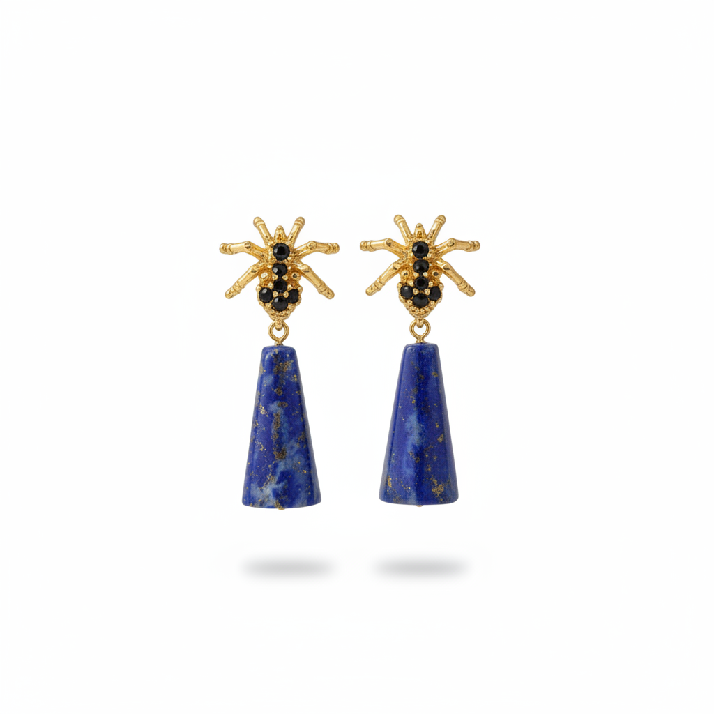 Spider Earrings with lapis lazuli stones and zircons on a white background